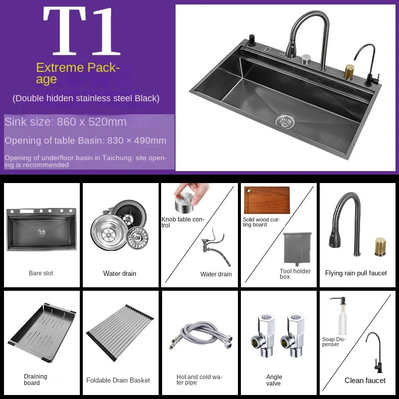 Waterfall Kitchen Sink Nanometer 304 Stainless Steel Large Single Slot Kitchen Accessories Waterfall Faucet Vegetable Basin