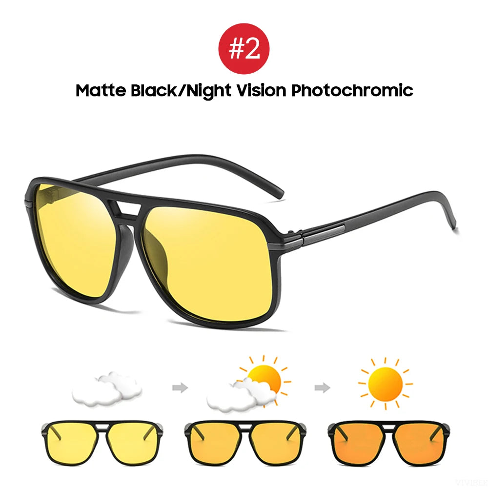 VIVIBEE Men Polarized Night Vision Glasses Yellow Retro Square Oversized Photochromic Goggles Women Fashion Driving Sunglasses