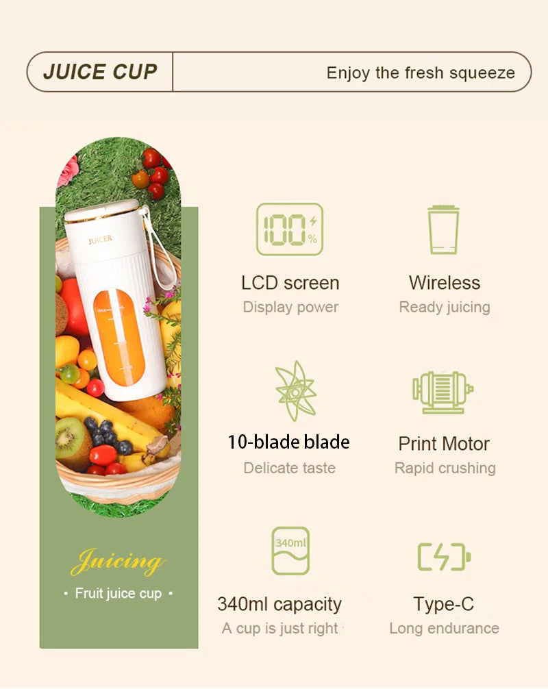 340ml Juicer Household Small Portable Fruit Juice Cup Rechargeable Lcd Display Electric Juicer 14 Blades Outdoor Travel