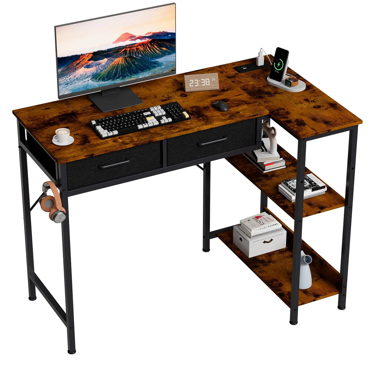40 Inch L Shaped Gaming Desk With Power Outlet, Reversible Computer Desk With 2 Drawers, 3 Shelves, Headphone Hook