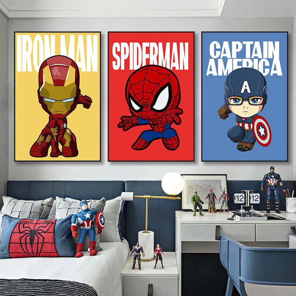 Frameless Marvel Superhero Wall Art Posters SpiderMan Iron Man Avengers Cartoon Canvas Painting Print Modern Kid Room Home Decor