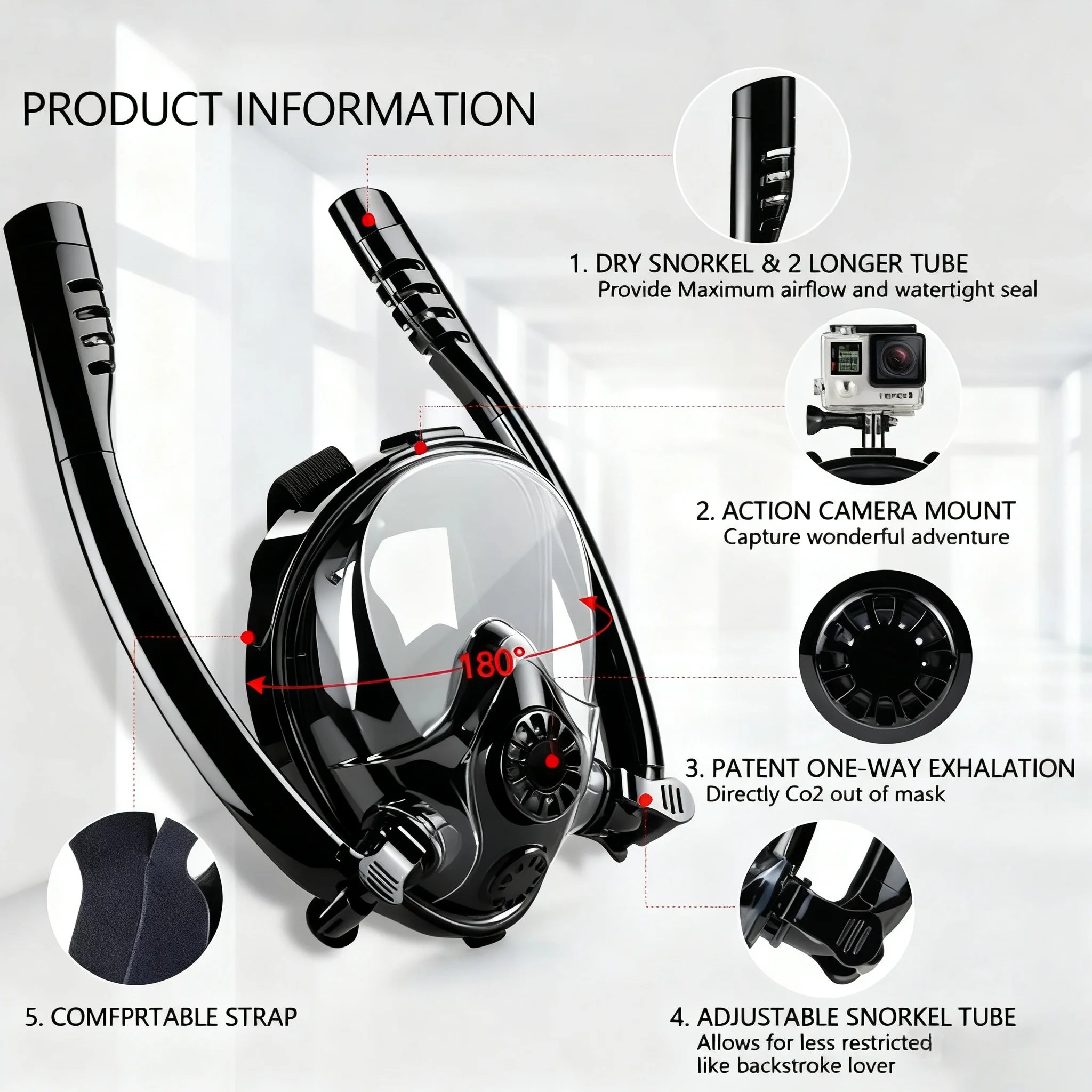 Adults Full Face Snorkel Mask Double Breathing Tube 180° Wide-Eye Panoramic Vision Advanced Anti-Fog Swim Leak-Proof Adventures