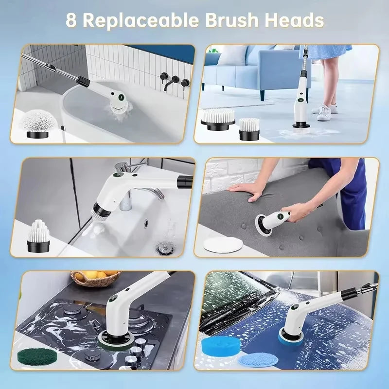 9-in-1 Electric Cleaning Brush, Cordless Power Scrubber with Long Extension Handle, Multi-Purpose Rotating Cleaning Tool for Bathroom, Kitchen, Tile, Tub, Shower, Floor, Grout, Countertops, Window, Household Deep Cleaning
