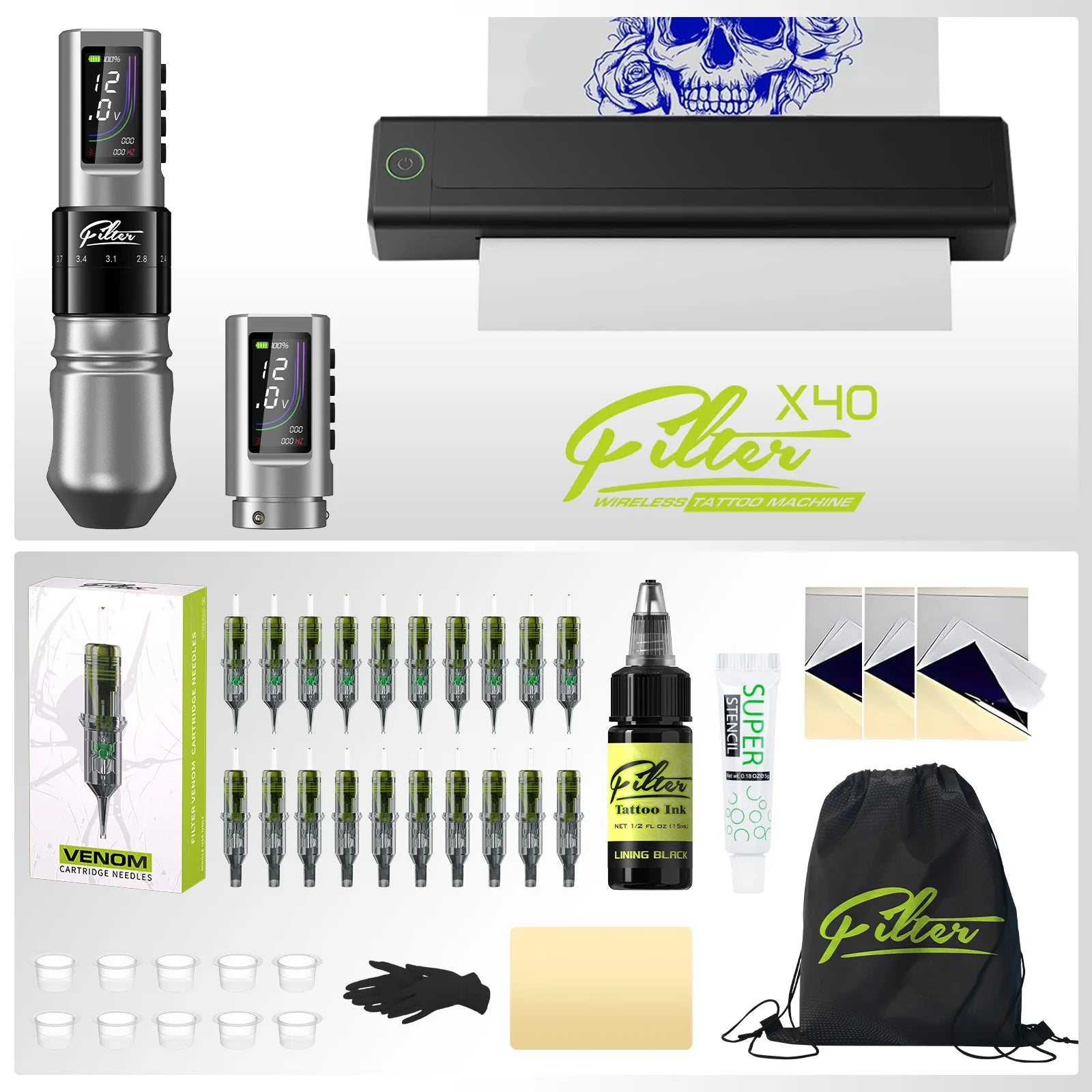 Filter X40 Tattoo Machine  Printer Kit 7 Strokes 2.0-4.0mm Tattoo Machine Pen with Extra OLED Digital Display 1600mAh Battery