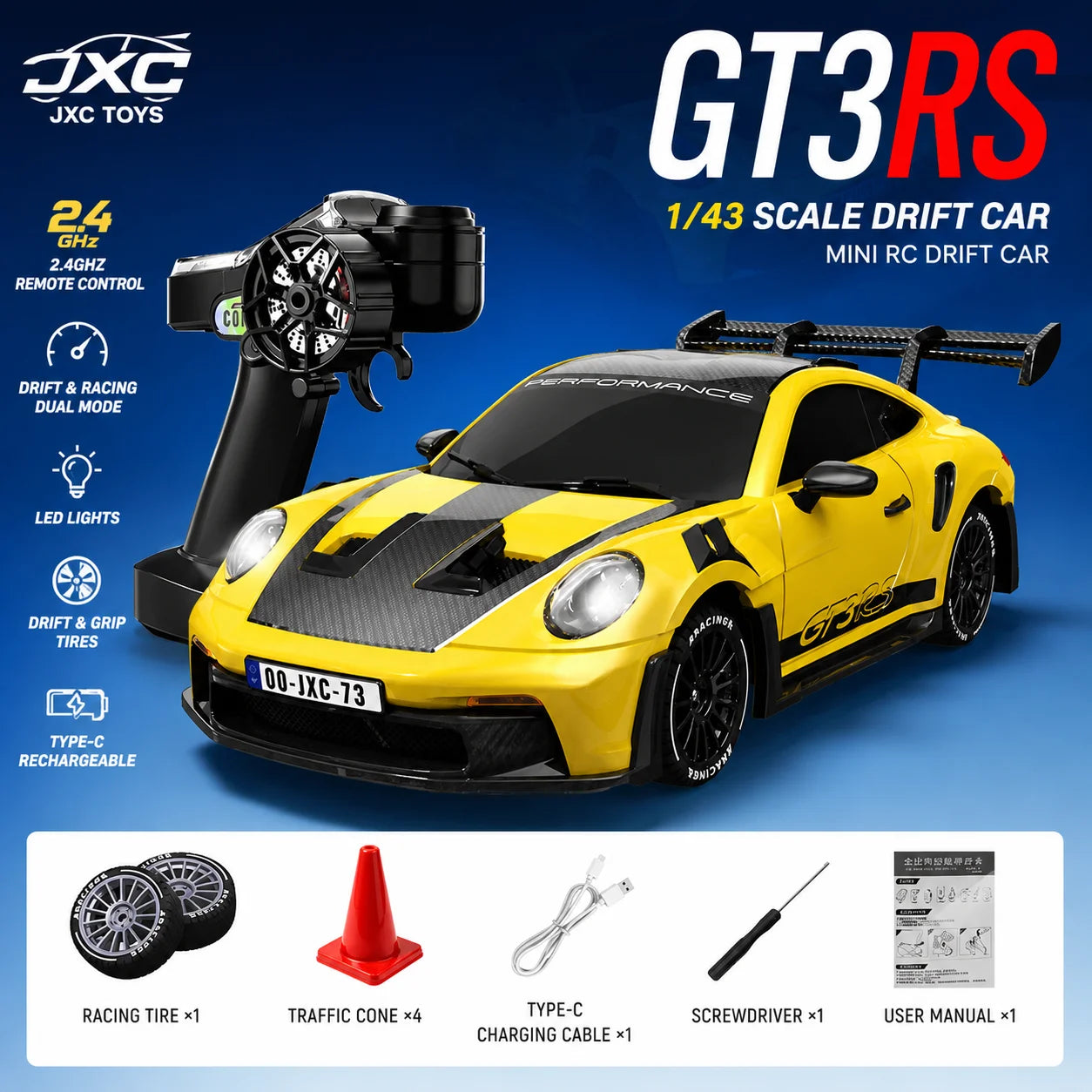 1:43 Scale 4WD RC Drift Car PO4302 2.4GHz Remote Control Racing Car  15KM/H with 8-Color LED Light 30min Play Time Gift Toy for