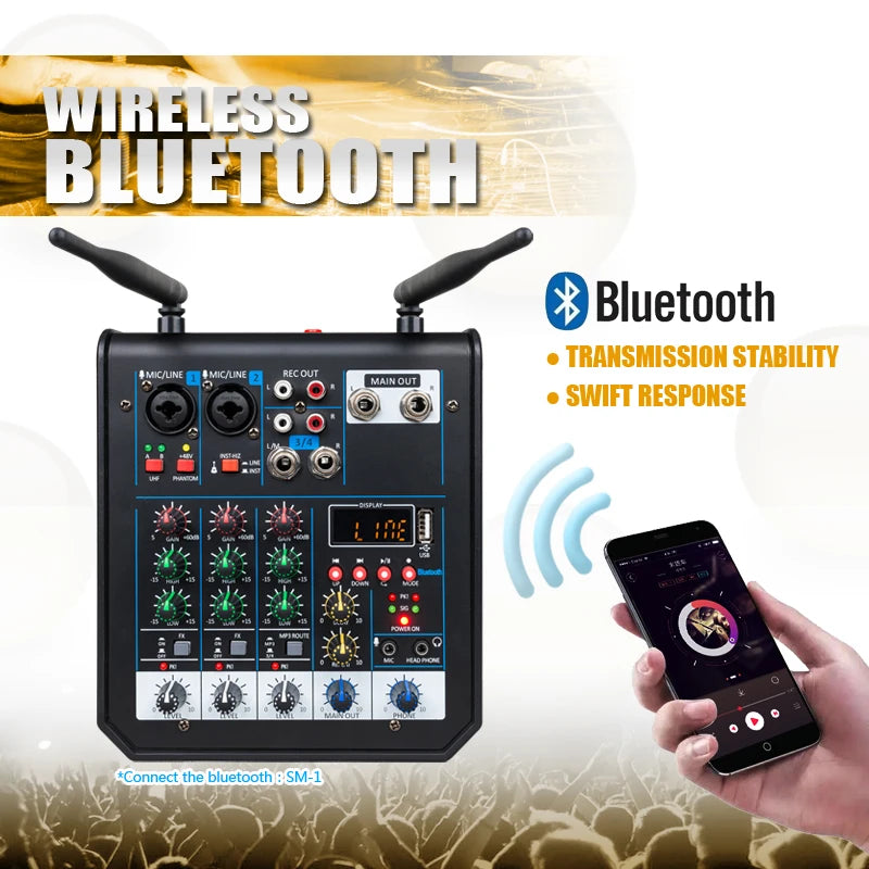 4 Channel Audio dj Mixer Console with Bluetooth Mixer UHF Wireless Microphone for Home Karaoke Stage Studio