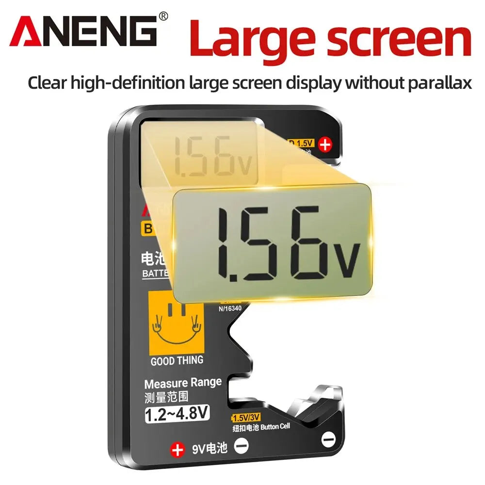 Quickly check your batteries with this universal button cell battery tester—compatible with 9V, N, D, C, AA, and AAA sizes, featuring an easy-to-read LCD display!