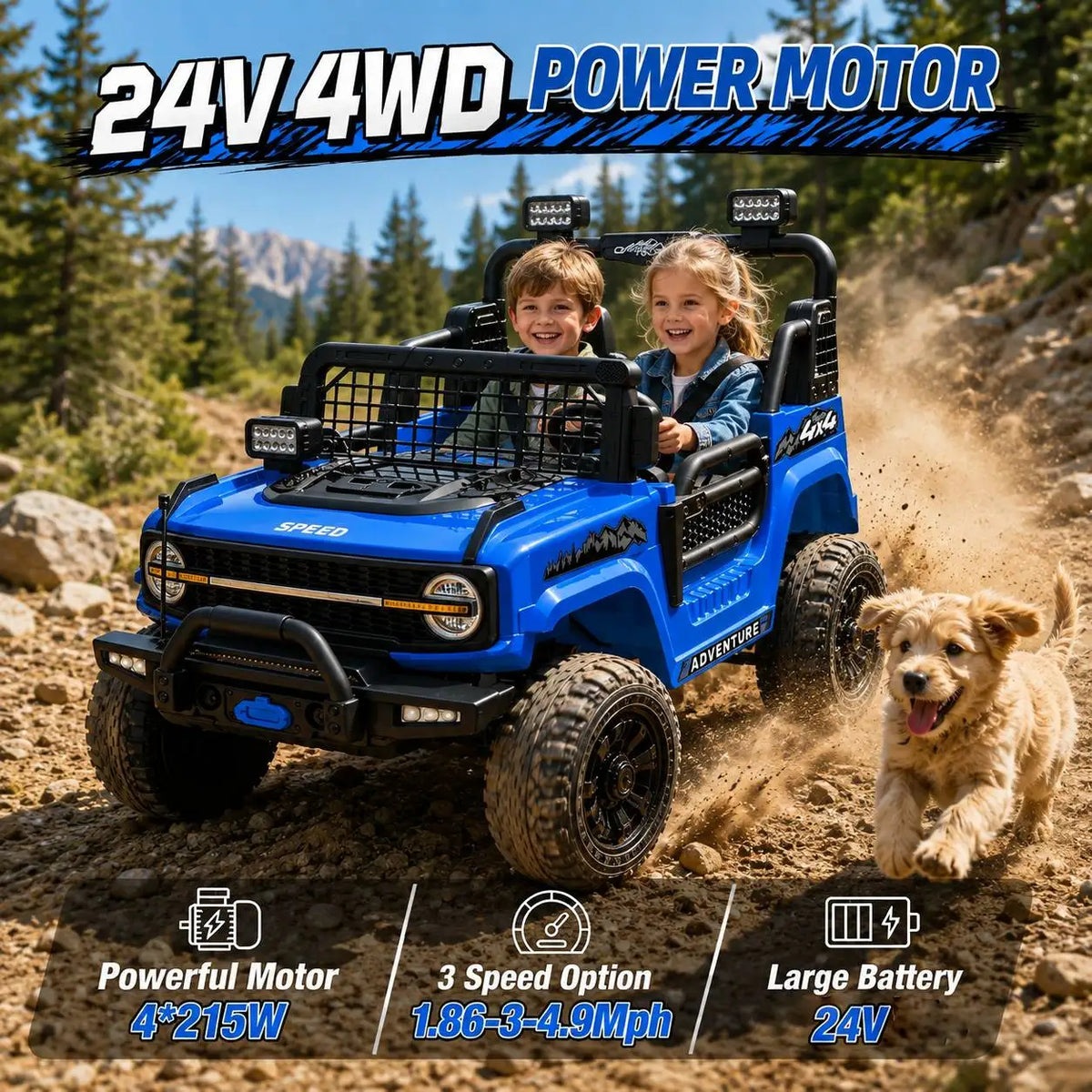 2 Seater 24V Kids Electric Ride On Off-Road Truck with Remote Control Bluetooth LED Lights, 2-Seat Ride On Vehicle Toy for Kids Boys Girls Gift
