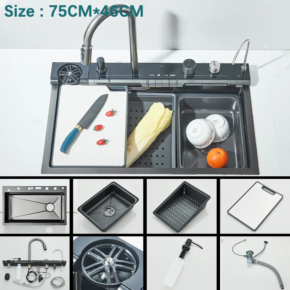 Multifunctional Kitchen Waterfall Sink Digital Display Large Single Gray Sink Dish Basin Sink 304 Stainless Steel