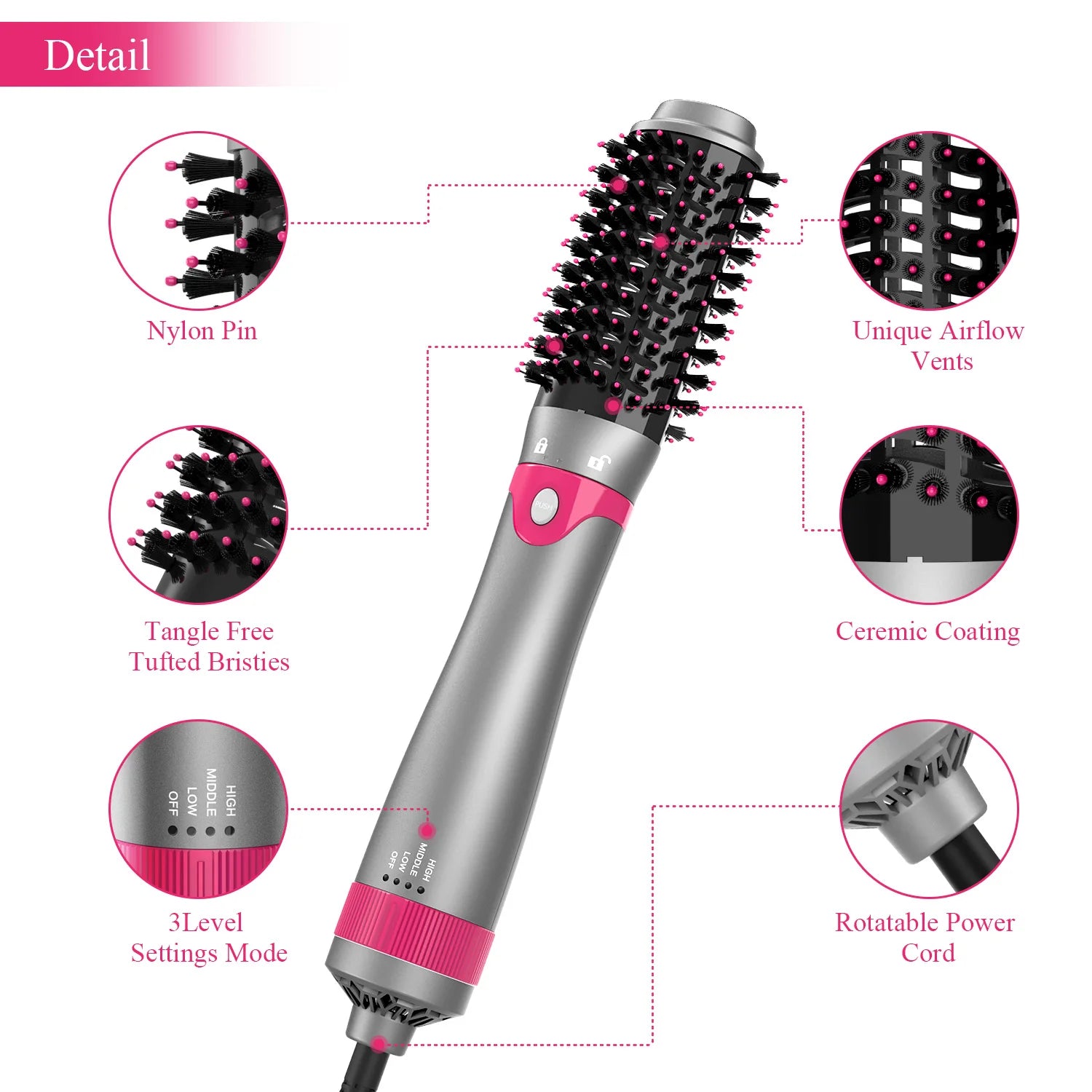 3th Hair Dryer Brush with Interchangeable Head 110V Hair Straightener Curler Comb Brush One Step Styler Volumizer Ion Blow Dryer