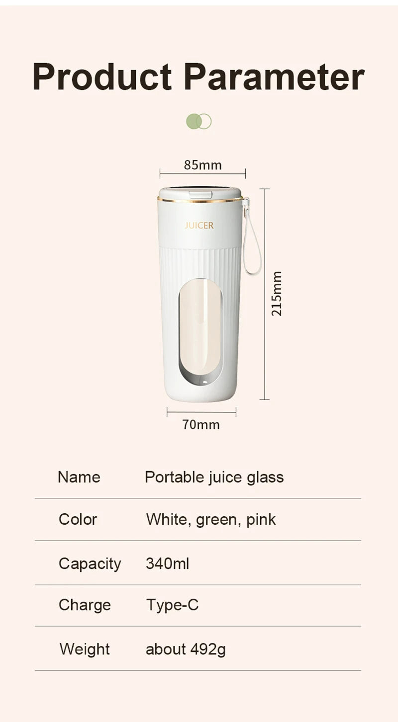 340ml Juicer Household Small Portable Fruit Juice Cup Rechargeable Lcd Display Electric Juicer 14 Blades Outdoor Travel