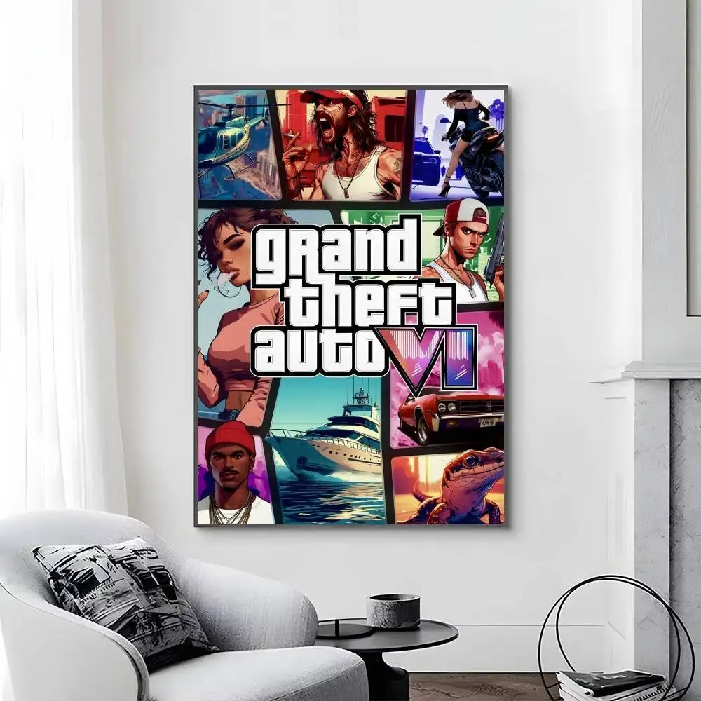 Game Grand T Auto posters Self-adhesive Paper Print Home Living Room Bedroom Entrance Bar Cafe Art