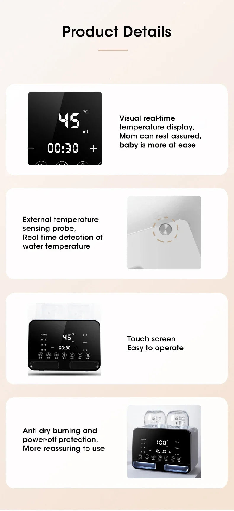 Keep your baby's milk at the perfect temperature with this fast, multifunctional baby bottle warmer—featuring accurate temperature control and a convenient timer, ideal for newborns!