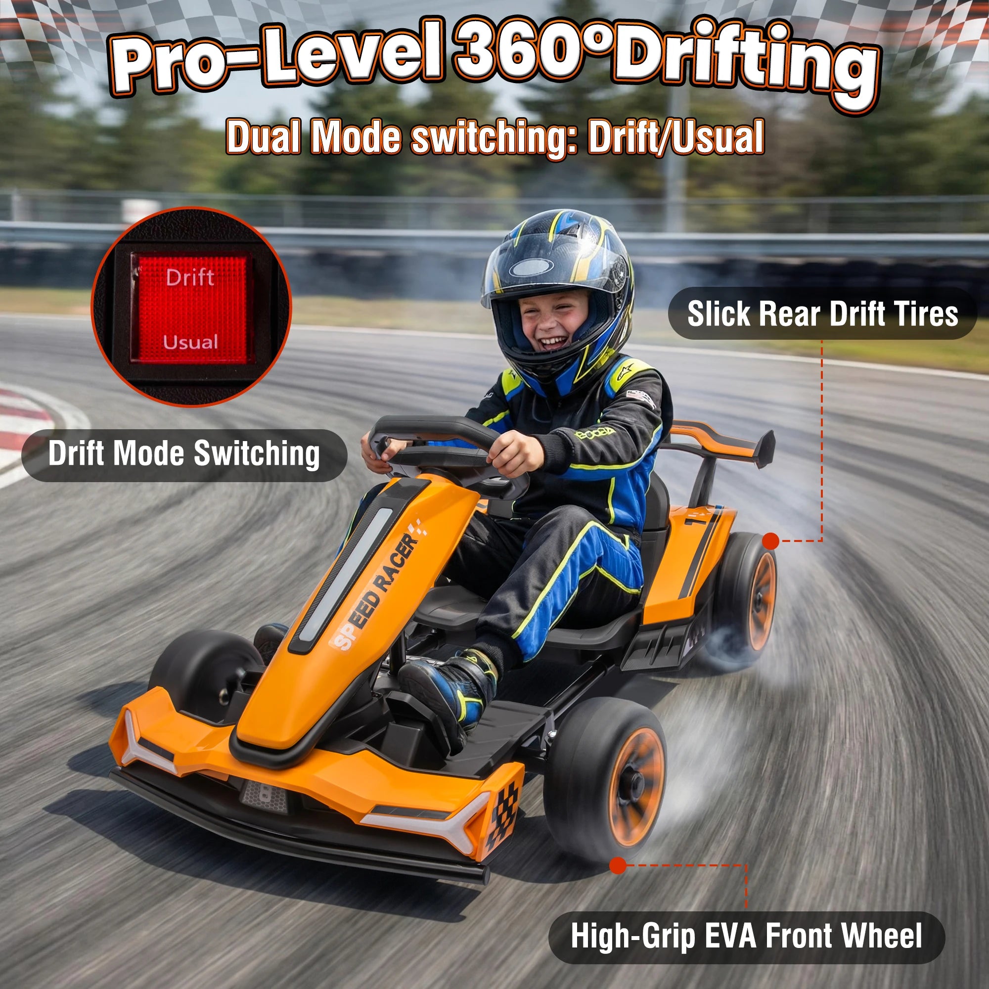 Joyracer 24V Go Kart for Kids 6-12, 2x400W Motors Electric Drift Car with Adjustable Length, 360°Drift Mode, 6.5 MPH High Speed Racing Car, Bluetooth Music
