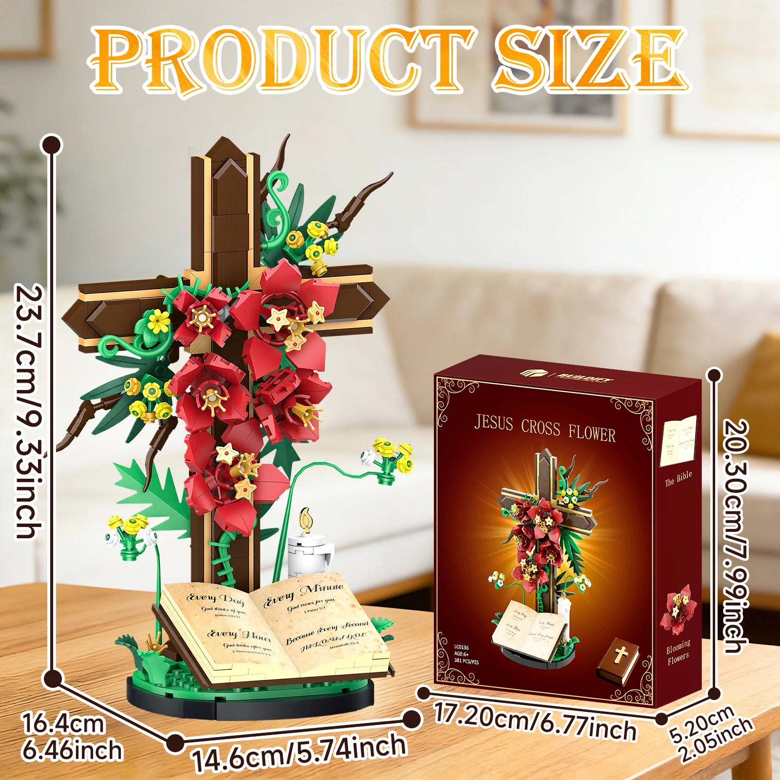 Jesus Flowers Cross Building Blocks Set, LED Religious Decor, Lego-Compatible Christian Catholic Gift for Easter, Kids & Adults