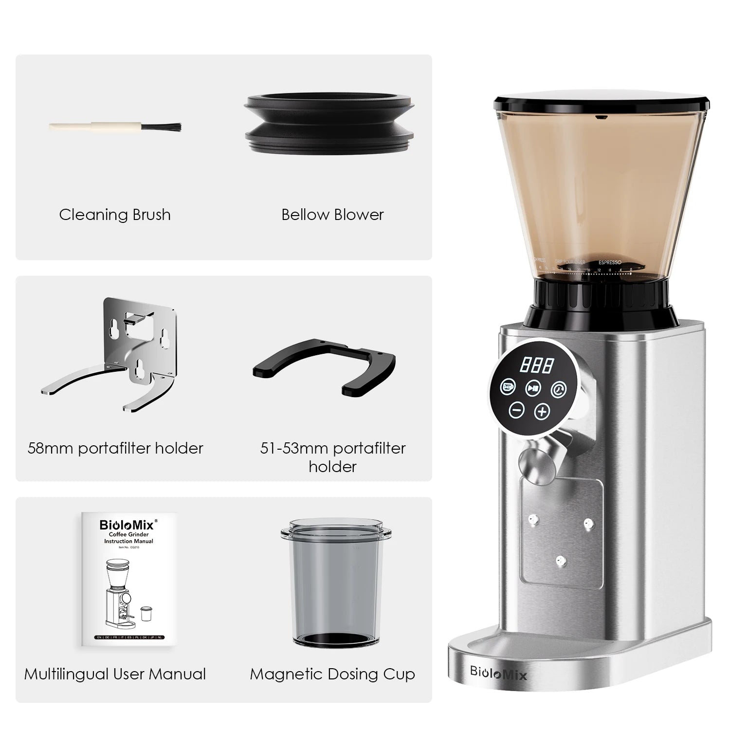 BioloMix Professional Conical Burr Grinder 48 Adjustable Settings with Removable Holder for Espresso Drip and French Press