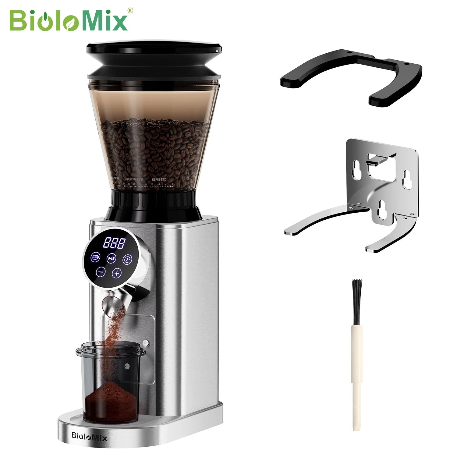 BioloMix Professional Conical Burr Grinder 48 Adjustable Settings with Removable Holder for Espresso Drip and French Press