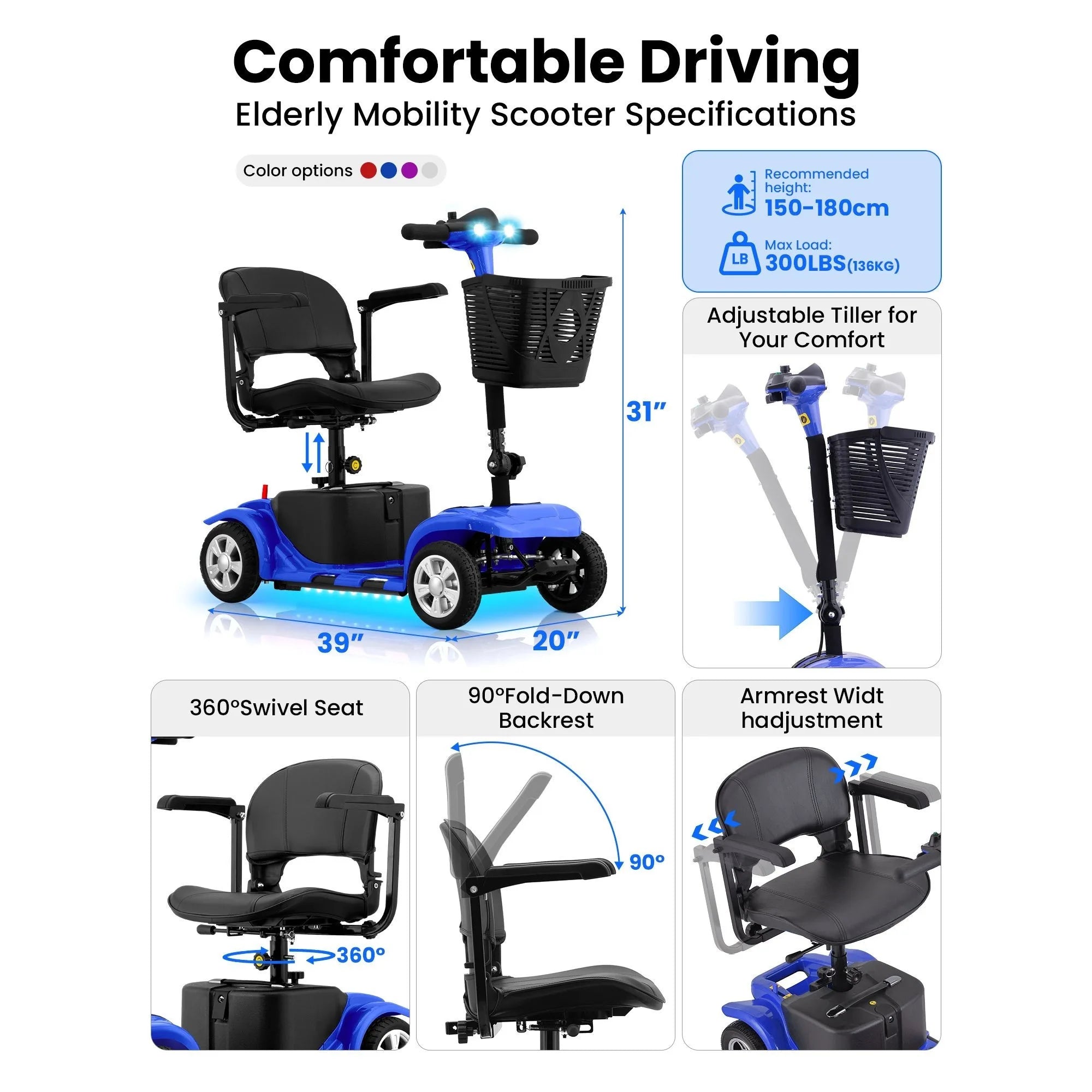 Foldable 4-Wheel Mobility Scooter for Seniors, 200W, 15.5 Mile Range, Lightweight Portable Travel Scooter with 9-Inch Tires and Storage Basket