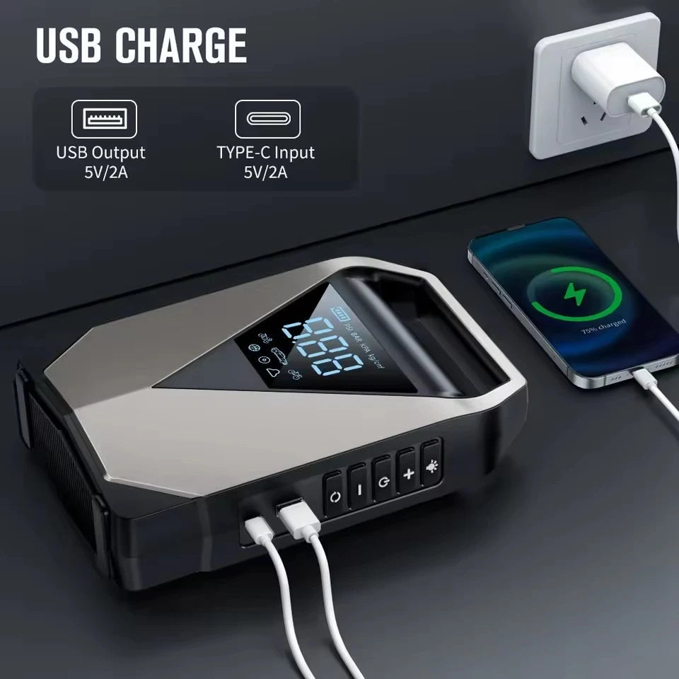 Be prepared on the road with this portable car jump starter and 150PSI air compressor—jump your battery and inflate tires anytime, anywhere!