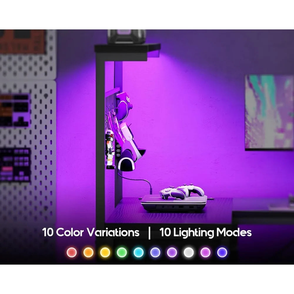 43” L-Shaped Gaming Desk for Compact Spaces: Corner Computer Table with Shelf, Hutch, 4 Drawers, LED Light, Power & USB Ports