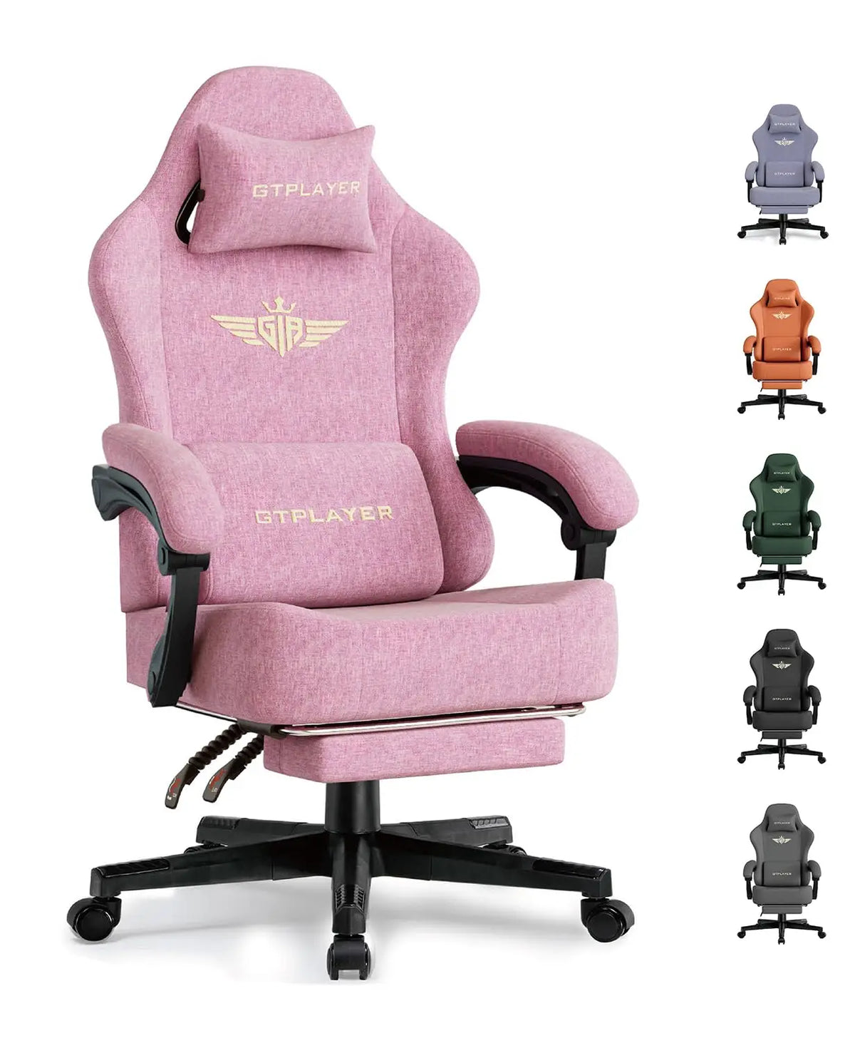 GTPLAYER Gaming Chair Fabric with Pocket Spring Cushion, Big and Tall Gamings Chairs 350LBS High Back Computer Chair with Footrest for Adults Lumbar Support Swivel Game Chair for Office Light Black