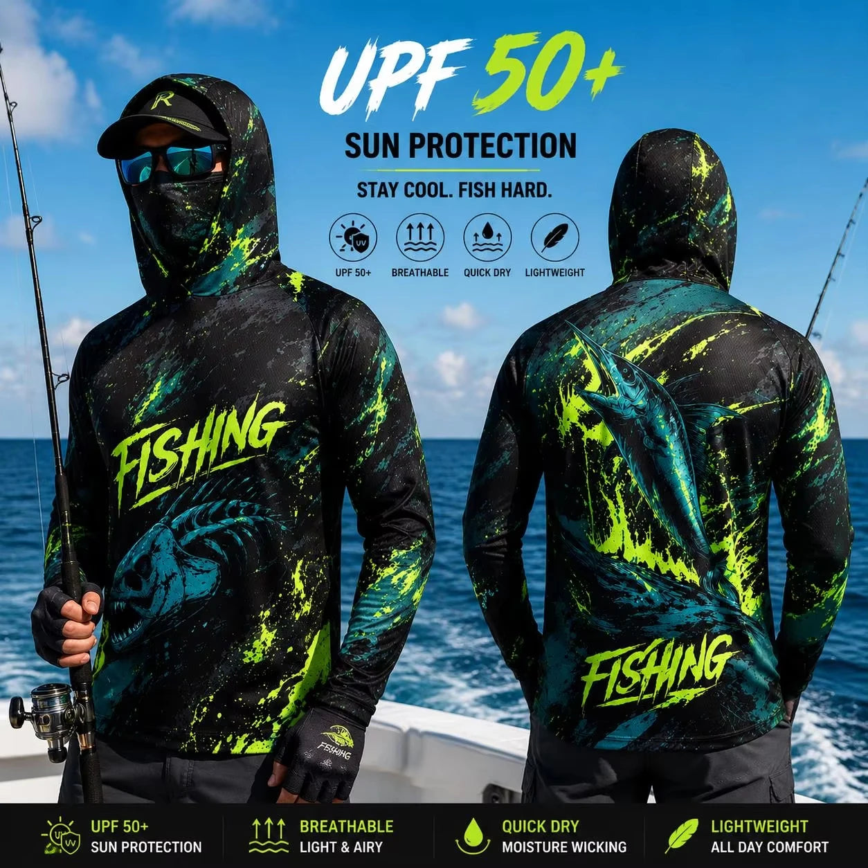 MALFC Men Hood Fishing Shirt long sleeve fishing t shirt uv protection Fishing Apparel
