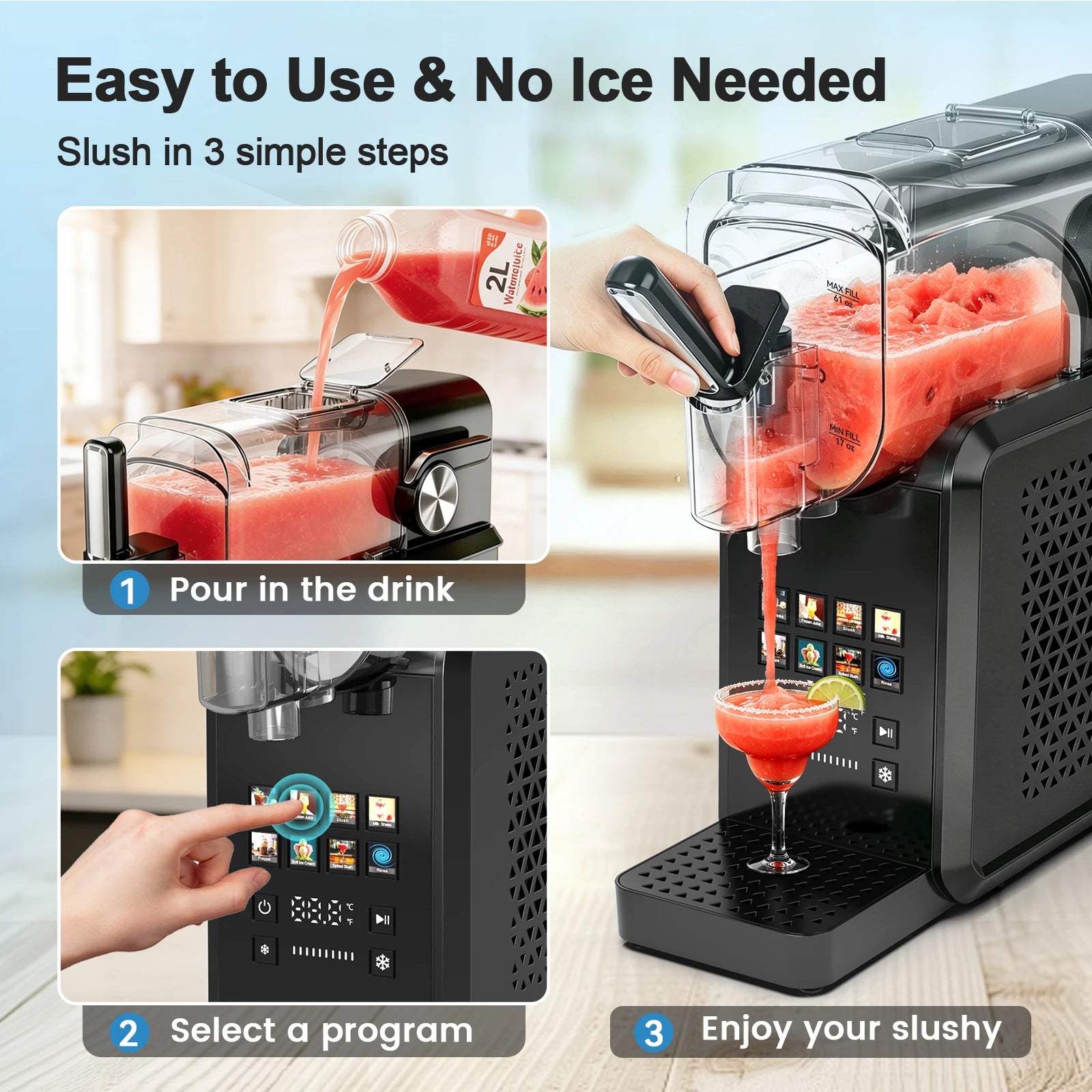 2-in-1 Slushie Machine 90 oz Large Capacity Frozen Drink Maker No Ice Needed Auto-Clean with LED Display for Home Party Festive Gatherings