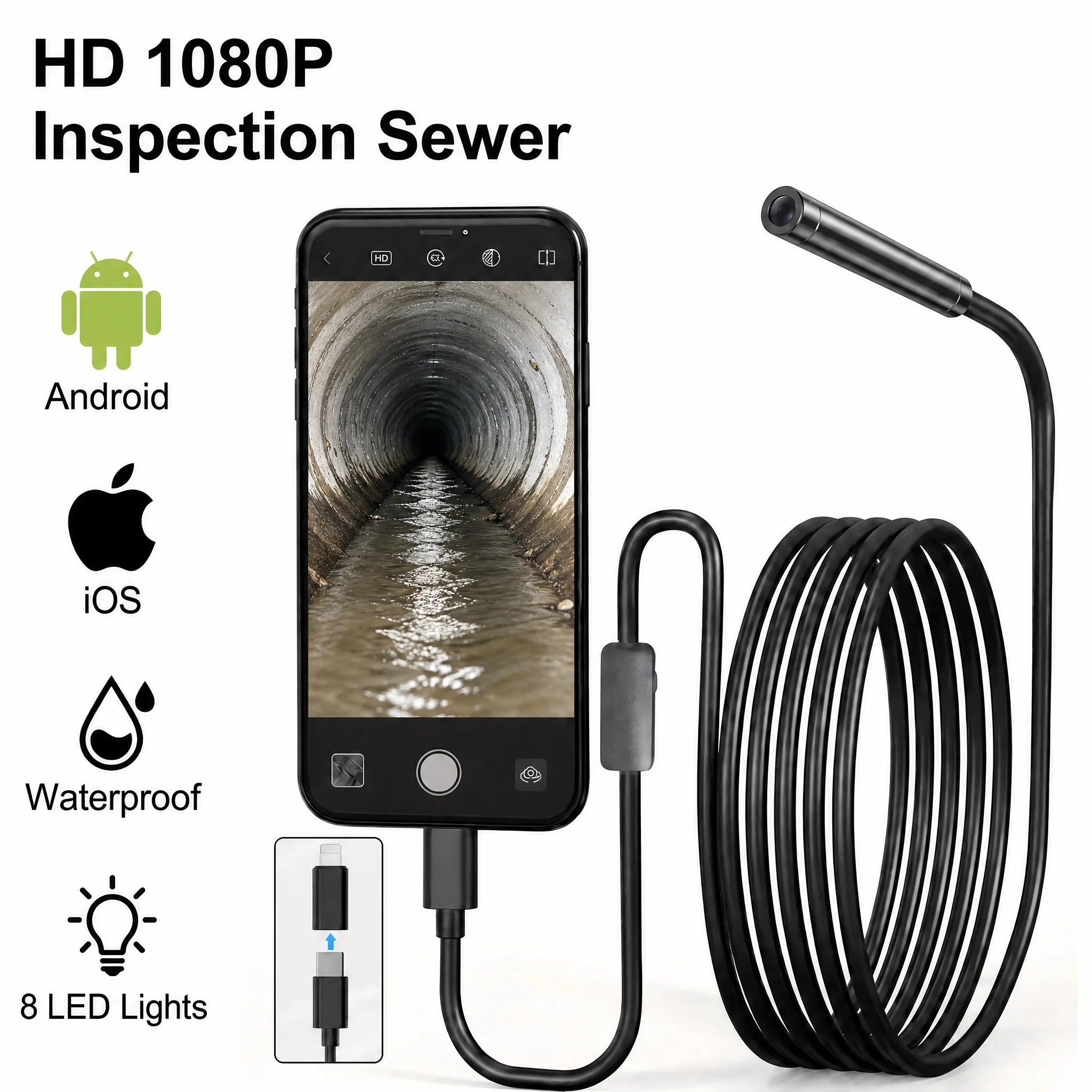 HD 1080P Endoscope Camera for iPhone Android Dual Port Waterproof Borescope Inspection Camera for Car Sewer Pipeline