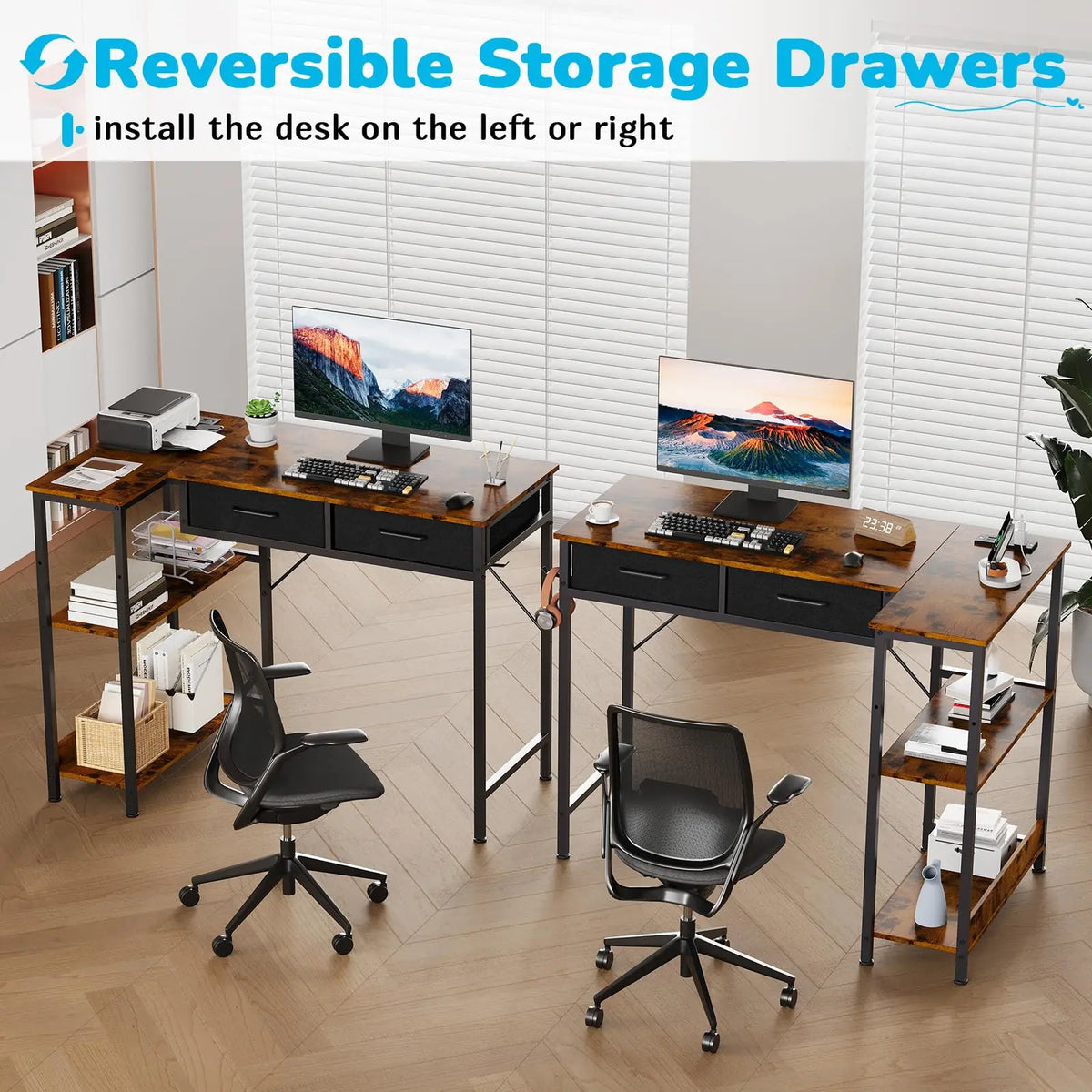 40 Inch L Shaped Gaming Desk With Power Outlet, Reversible Computer Desk With 2 Drawers, 3 Shelves, Headphone Hook