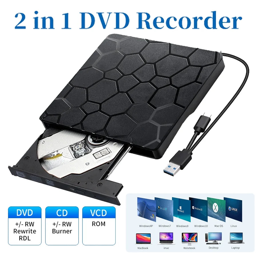 USB 3.0 Type-C CD Player DVD Burner 2-in-1 External Recorder Portable CD-RW DVD-ROM Optical Drives Writer Reader For PC Laptop