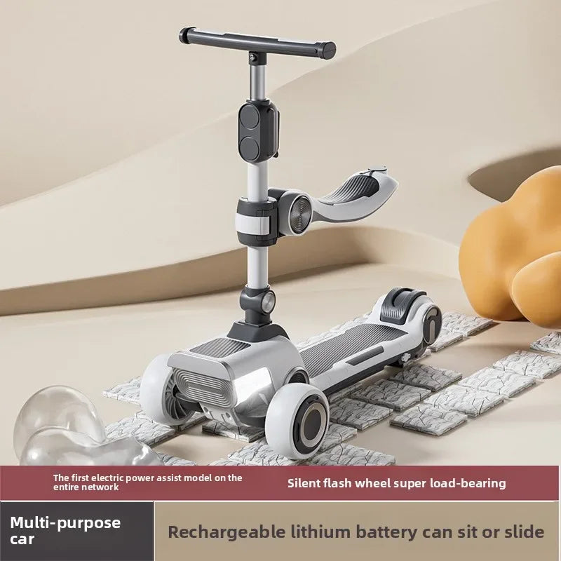 Rechargeable electric scooter for children, foldable and fun with widened design.