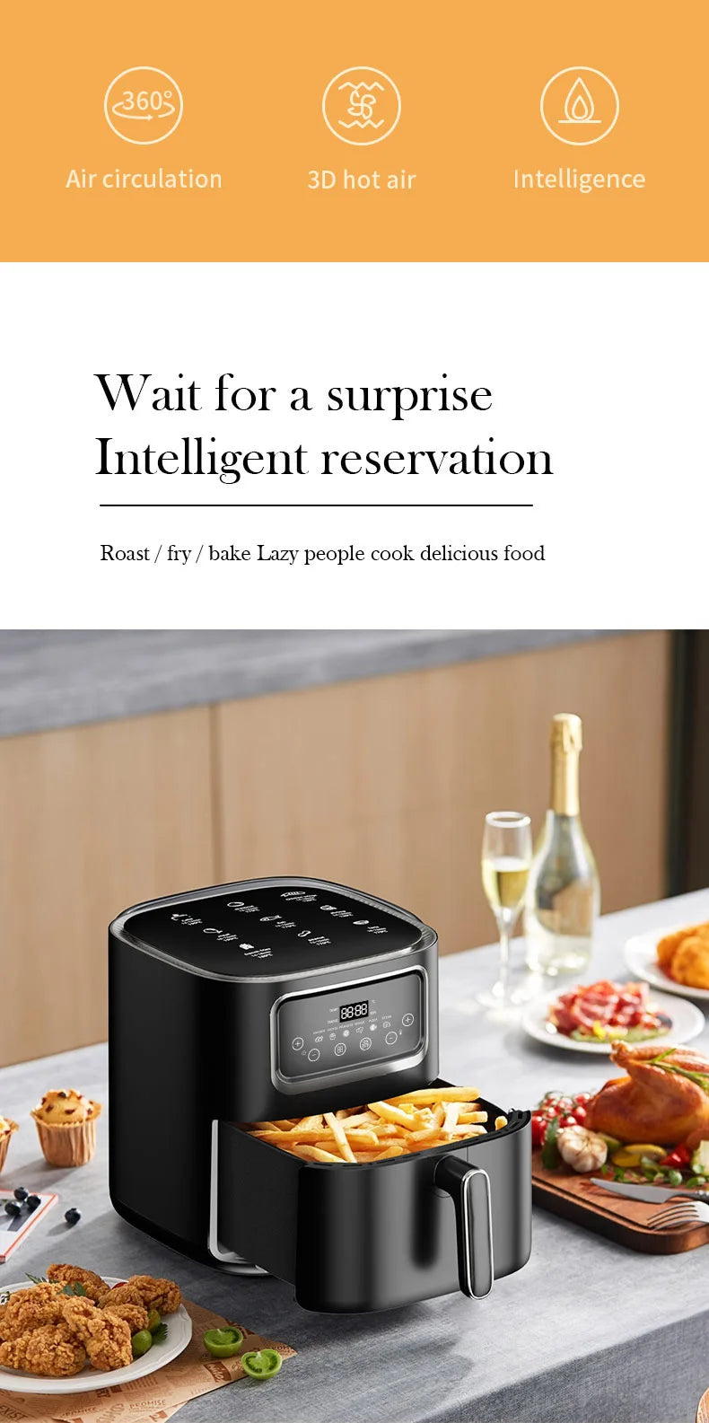 Stainless steel household 10 liter large capacity intelligent electronic digital fryer, oil-free multifunctional touch screen ai
