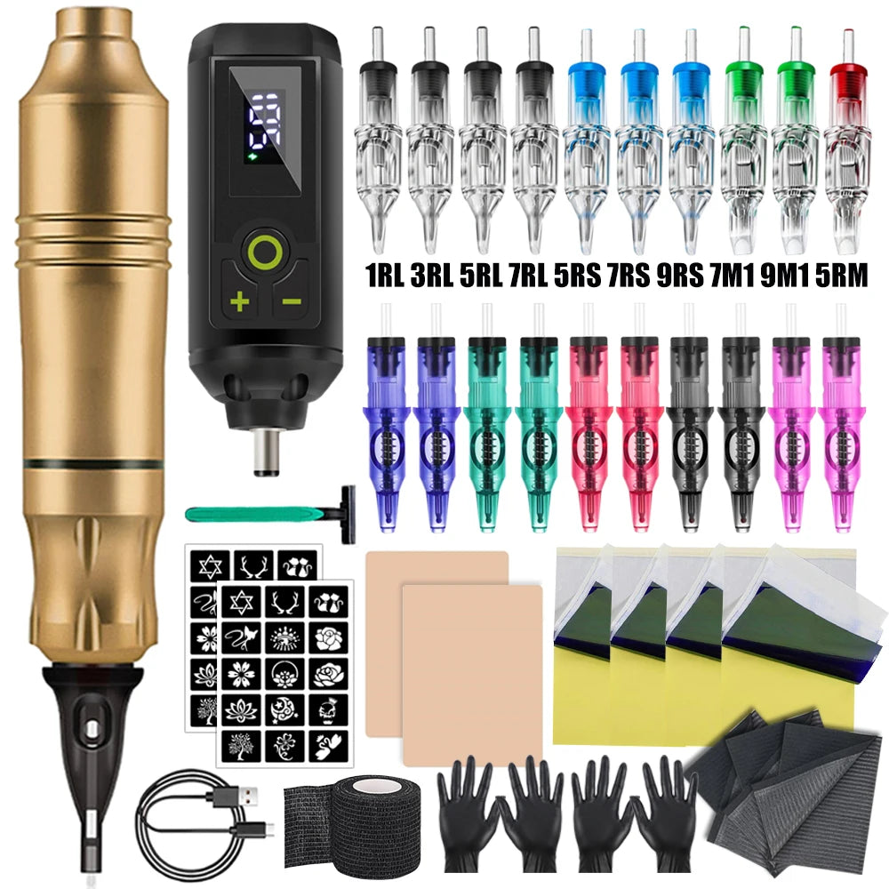 Ballpoint Tattoo Pen Machine Kit Rotary Tattoo Pen Set with Wireless Tattoo Transfer Stencil Printer Power Supply Needles