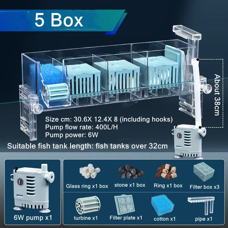 New Fish Tank Waterfall Filter Box Wall Mounted Built-in Silent Circulating Water Purifier For Aquarium Tank Box With Water Pump