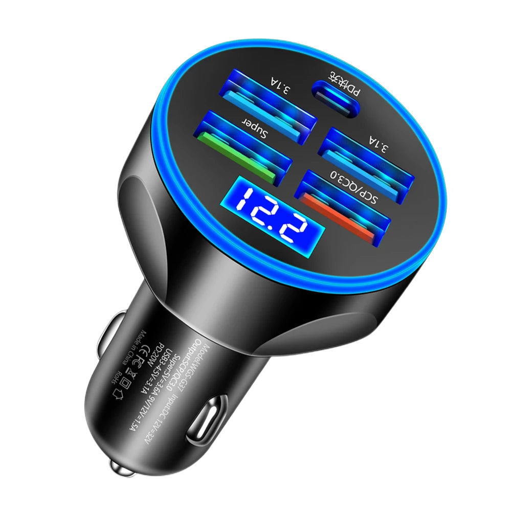 20W 5 Ports Car Charger Fast Charging PD QC3.0 USB Type C Super Charger Adapter in Car For iPhone Samsung for Huawei Xiaomi
