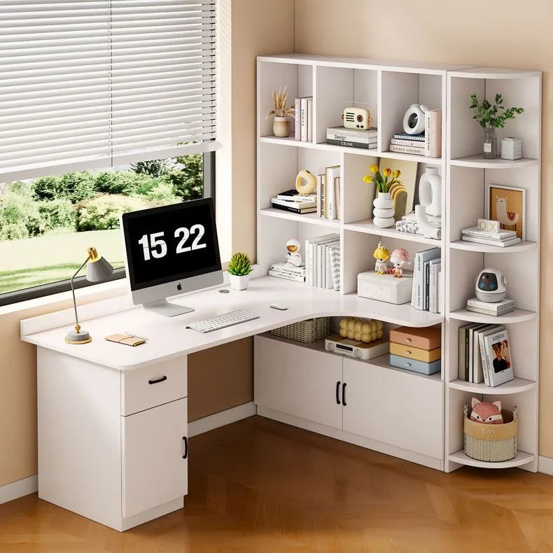 L Shaped Desk with 3 Drawers Corner Computer Desk with Power Outlets Large Storage L-Shaped Desk with Cabinet & Printer Stand
