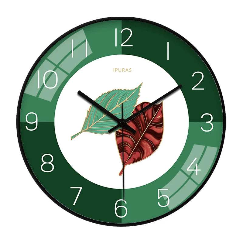 Green Leaf Art Wall Clock Silent Non-Ticking Modern Minimalist Easy to Read Clock for Living Room Bedroom Home Decor