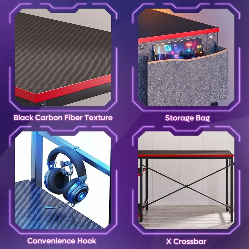 Gaming Desk with LED Lights, 44 Inch PC Gamer Desk or Small Spaces, Computer Desk with Reversible Storage Shelves & Side Storage
