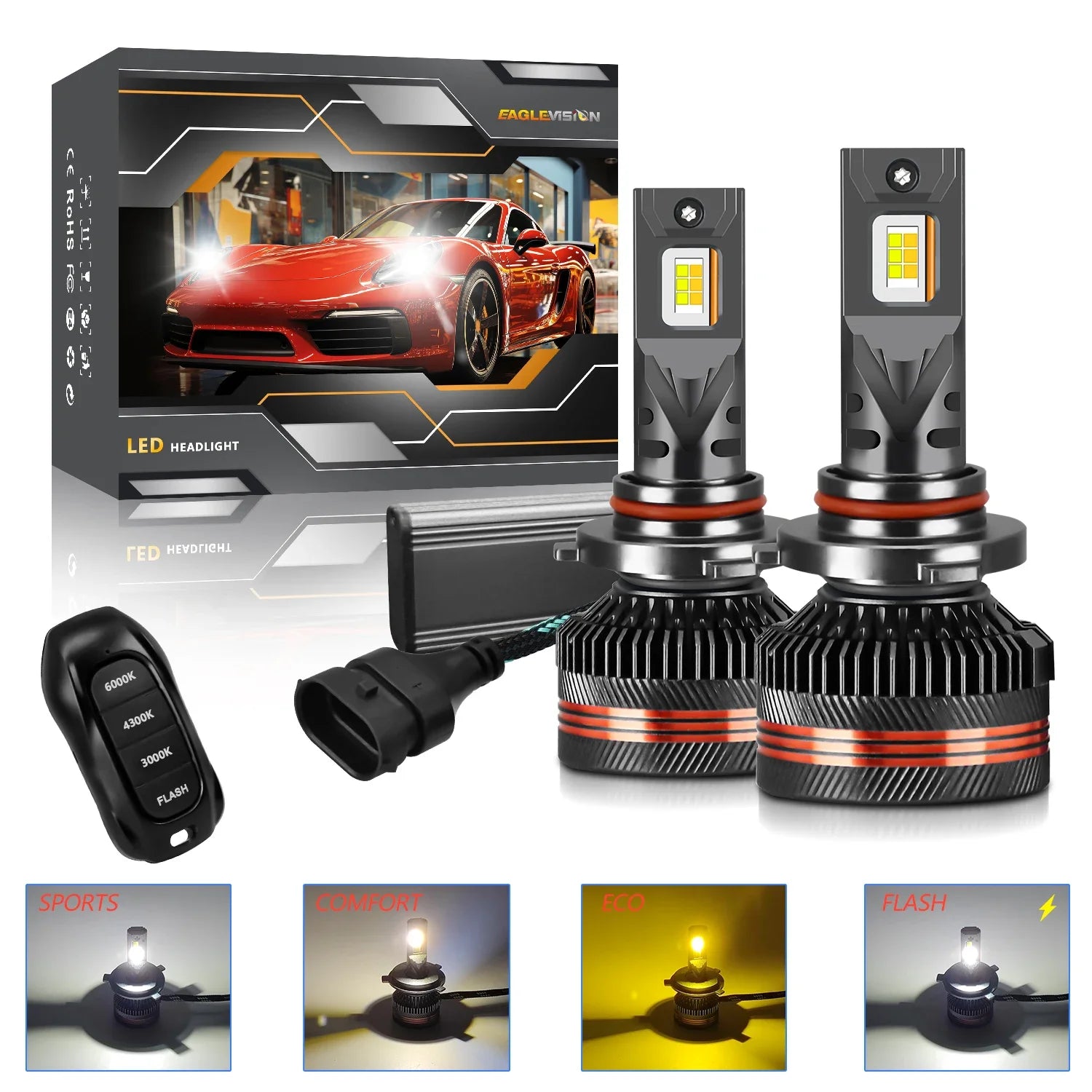 EAGLEVISION LED High Power Canbus Remote Control HeadLamp 3000K/4300K/6000K Lighthouse 9005 9006 9012 H1 H4 H7 H11 12V 24V