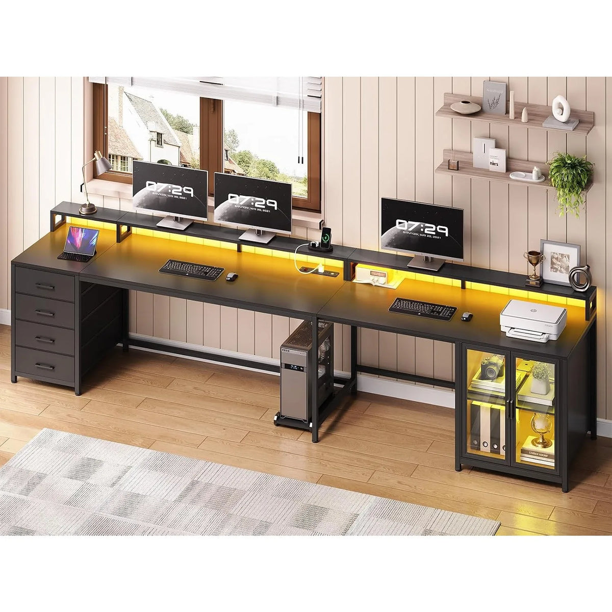 109" L Shaped Gaming Computer Desk,4 Drawers,Display Cabinet & Dual Monitor Space For Home Office, Customized