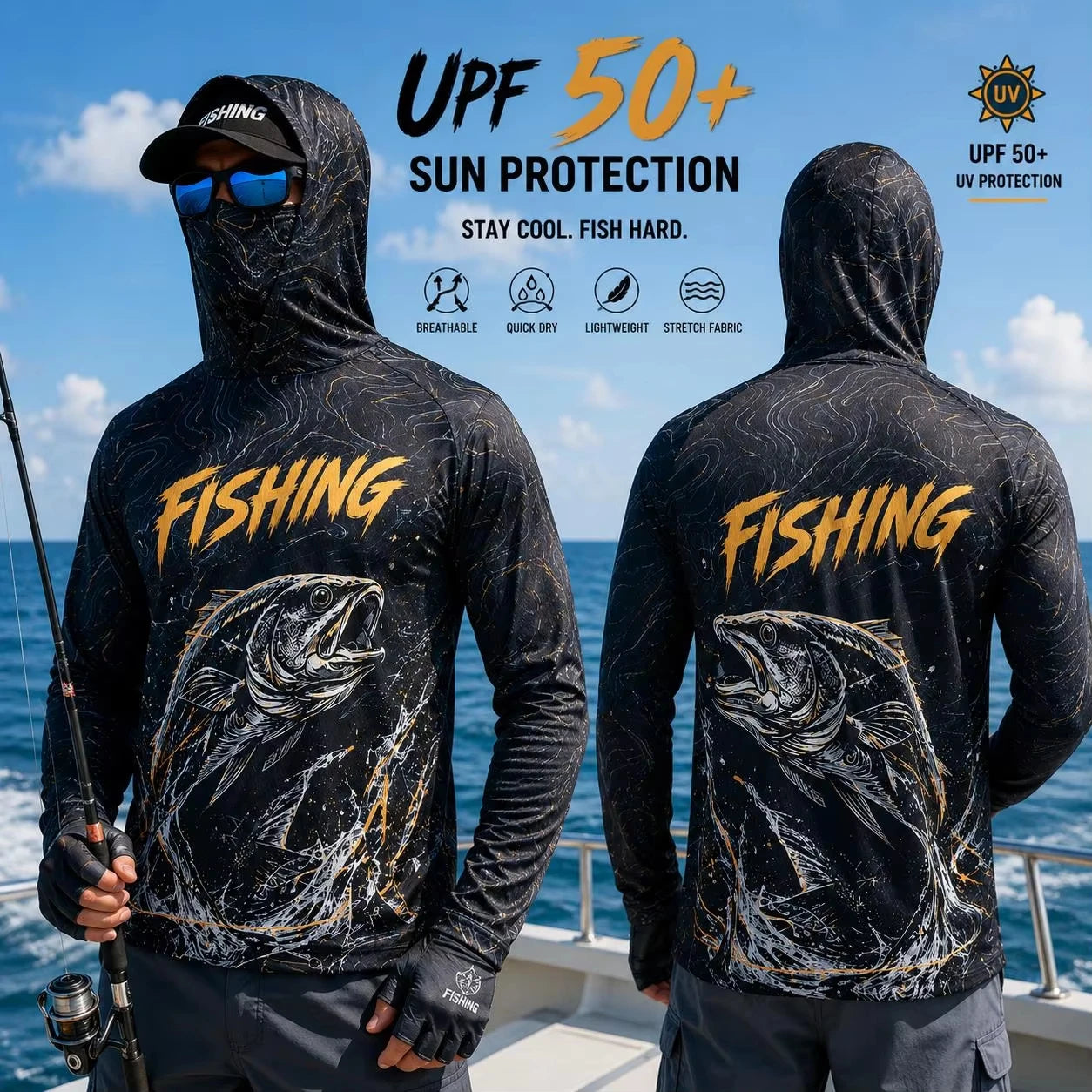 MALFC Men Hood Fishing Shirt long sleeve fishing t shirt uv protection Fishing Apparel