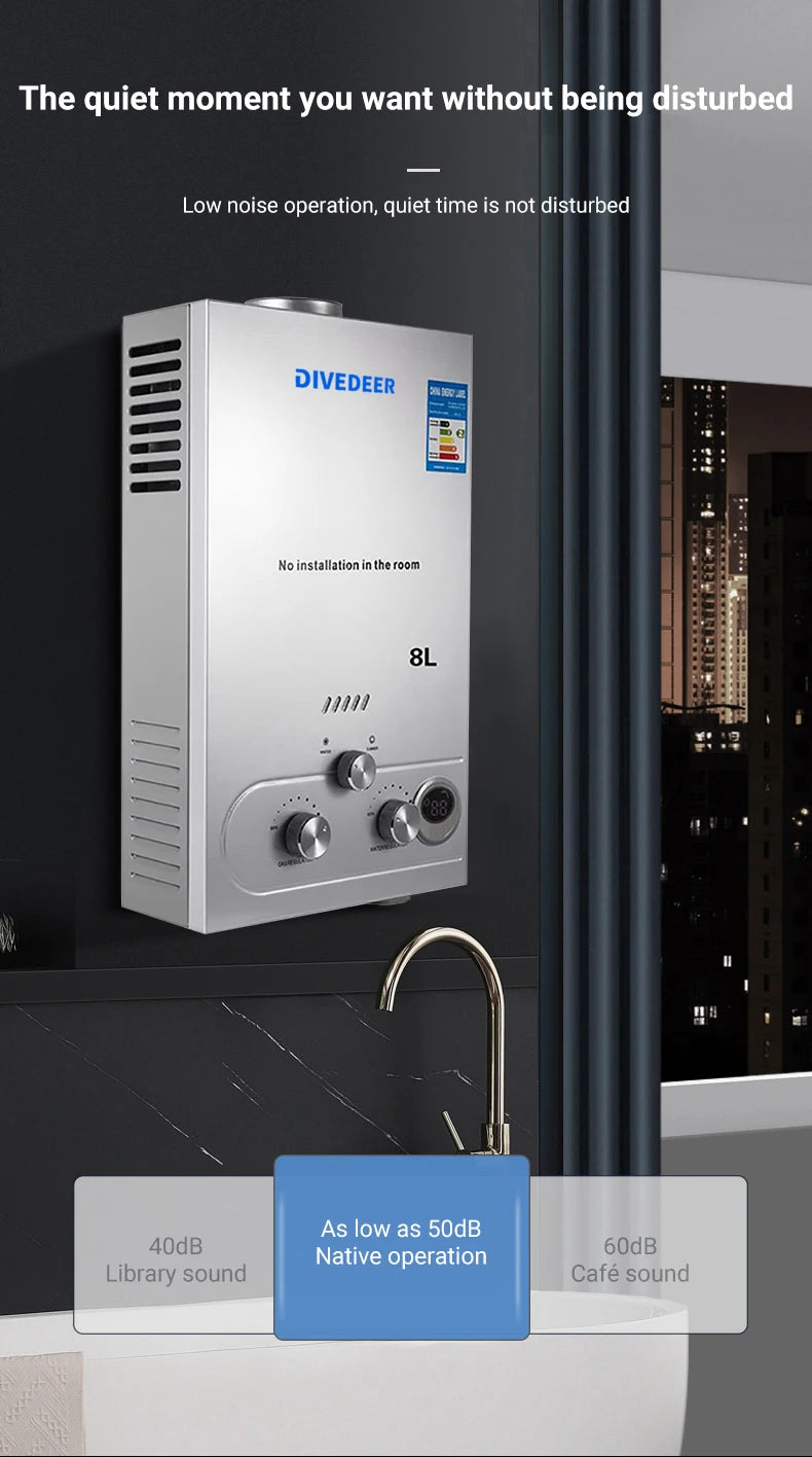 DIVEDEER Wall-mounted Water Heater 8L/12L/16L/18L LPG Water Heater Household Automatic Fast Gas Water Heater