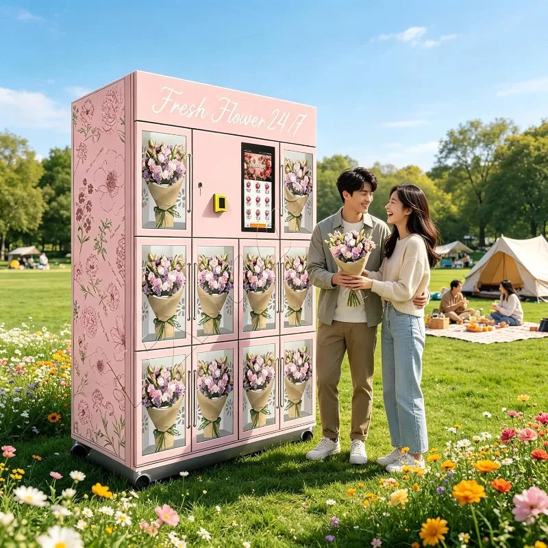 Automatic Flower Vending Machine 24H Smart Refrigerated Bouquet Dispenser Fresh Rose Tulip Cashless Payment Floral Retail Kiosk