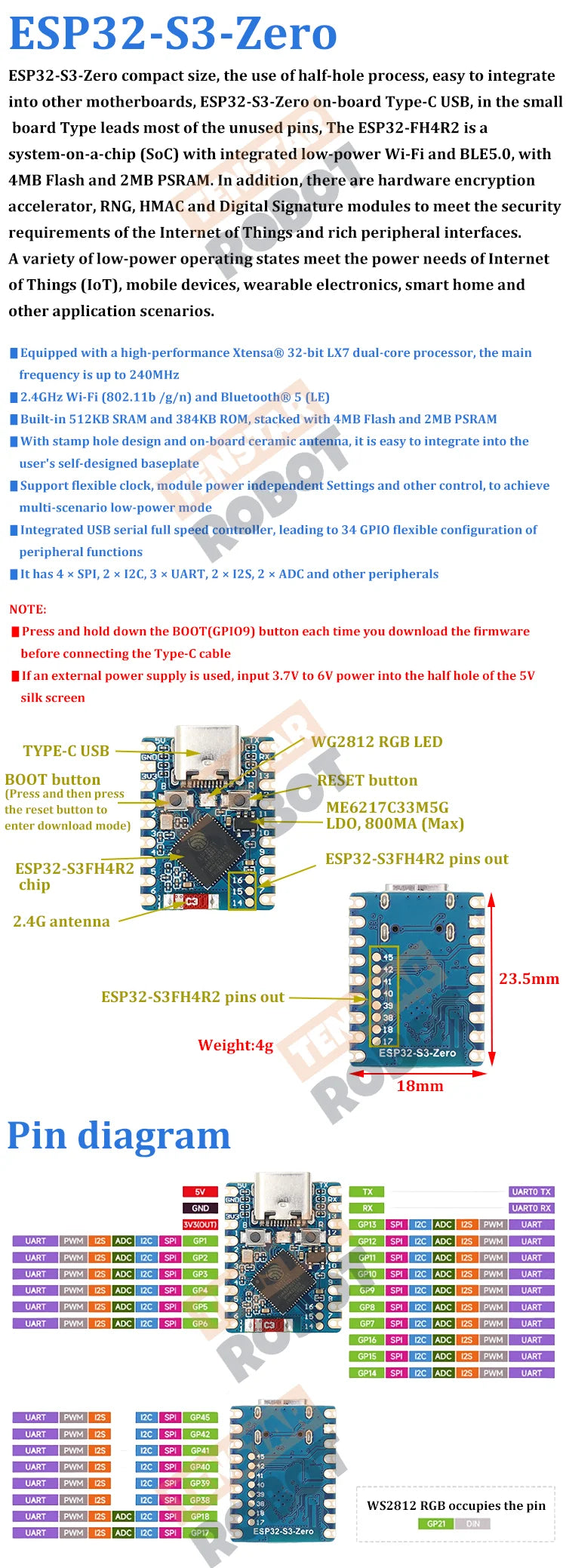 TENSTAR ESP32-S3-Zero ESP32-C3-Zero Mini Development Board WiFi Bluetooth Ultra-small Size ESP32-S3-FH4R2 C3 Supermini