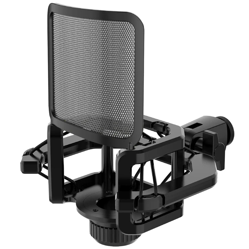 Improve your audio quality with this microphone shock mount featuring a filter and windscreen. It reduces noise and vibrations for stable, clear sound—perfect for professional recordings!