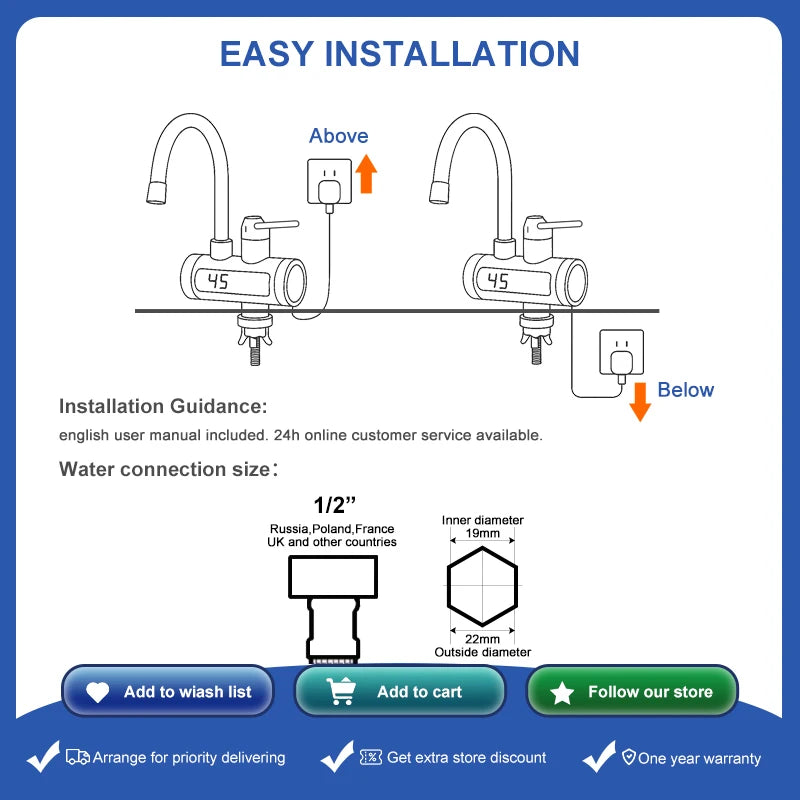 Instant Electric Water Heater 3300W EU Plug Under Sink 220V Kitchen Bathroom Tankless Hot Water Faucet Heater 360° Rotatable