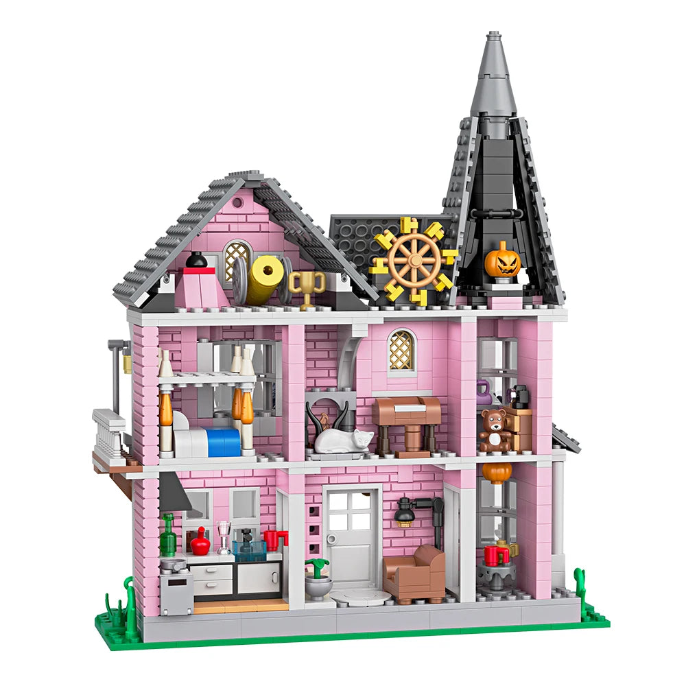 958pcs City Street View Series Pink Castle Apartments Model Building Blocks MOC Kitten Windmill Bricks Creative Toys Girls Gifts