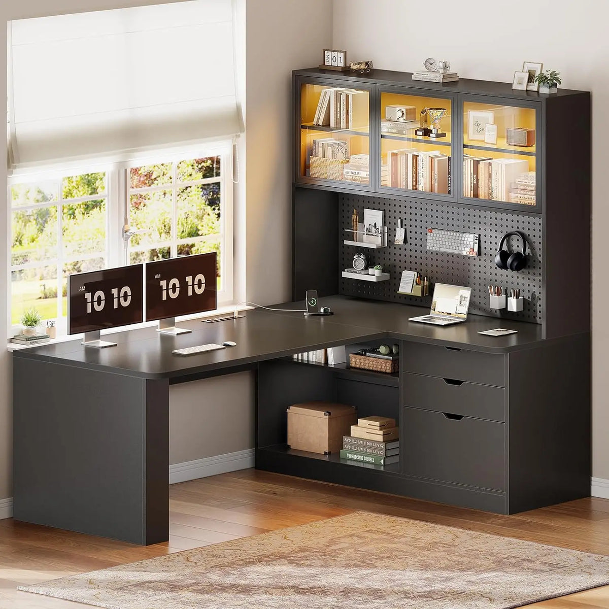 L Shaped Corner Gaming Desk with 3 Wood Drawer and Large Bookshelf, Customized