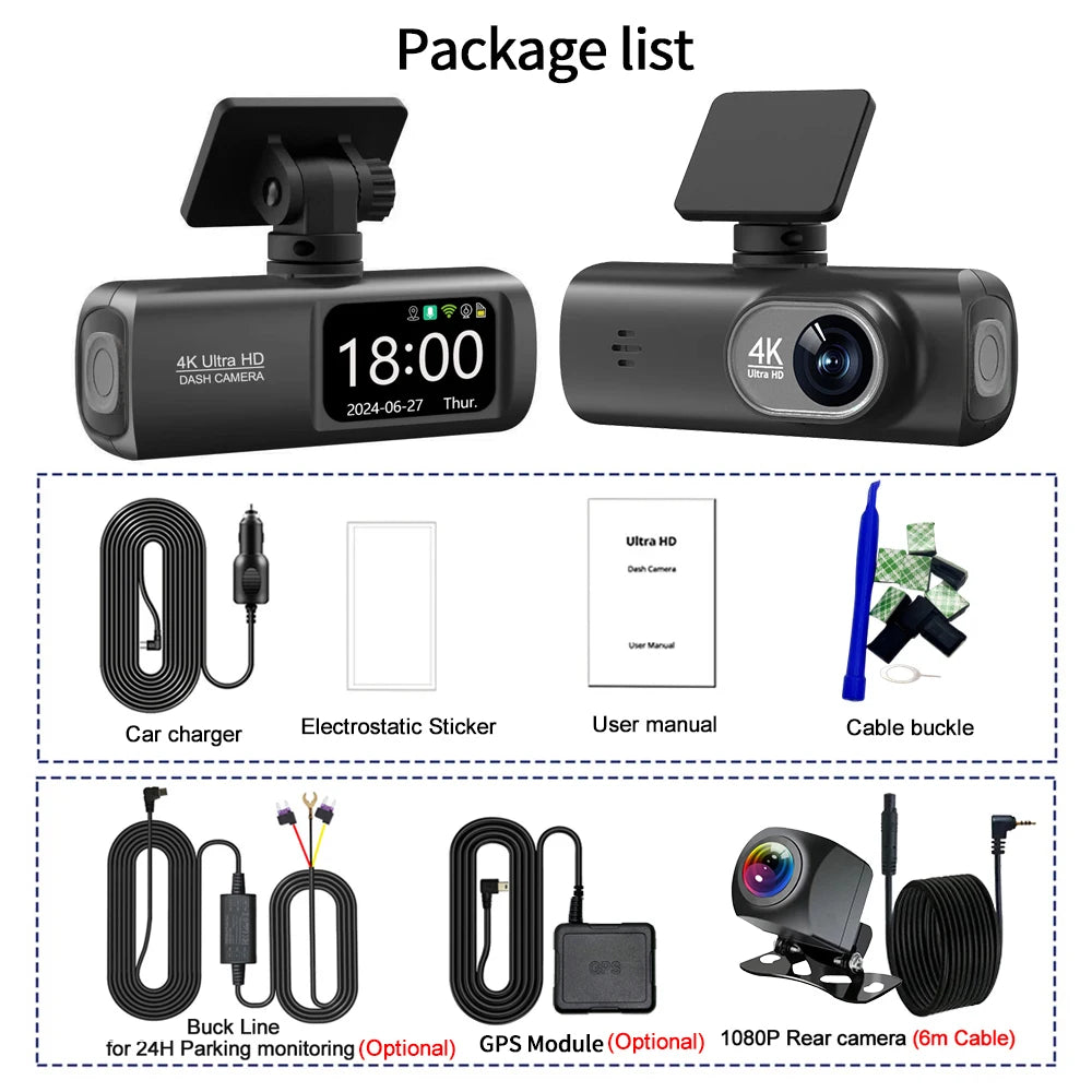 Dash Cam 4K UHD for Car Camera Front Rear Dual Lens With GPS WiFi 24h Parking Mode Night Vision Car DVR Video Registrator