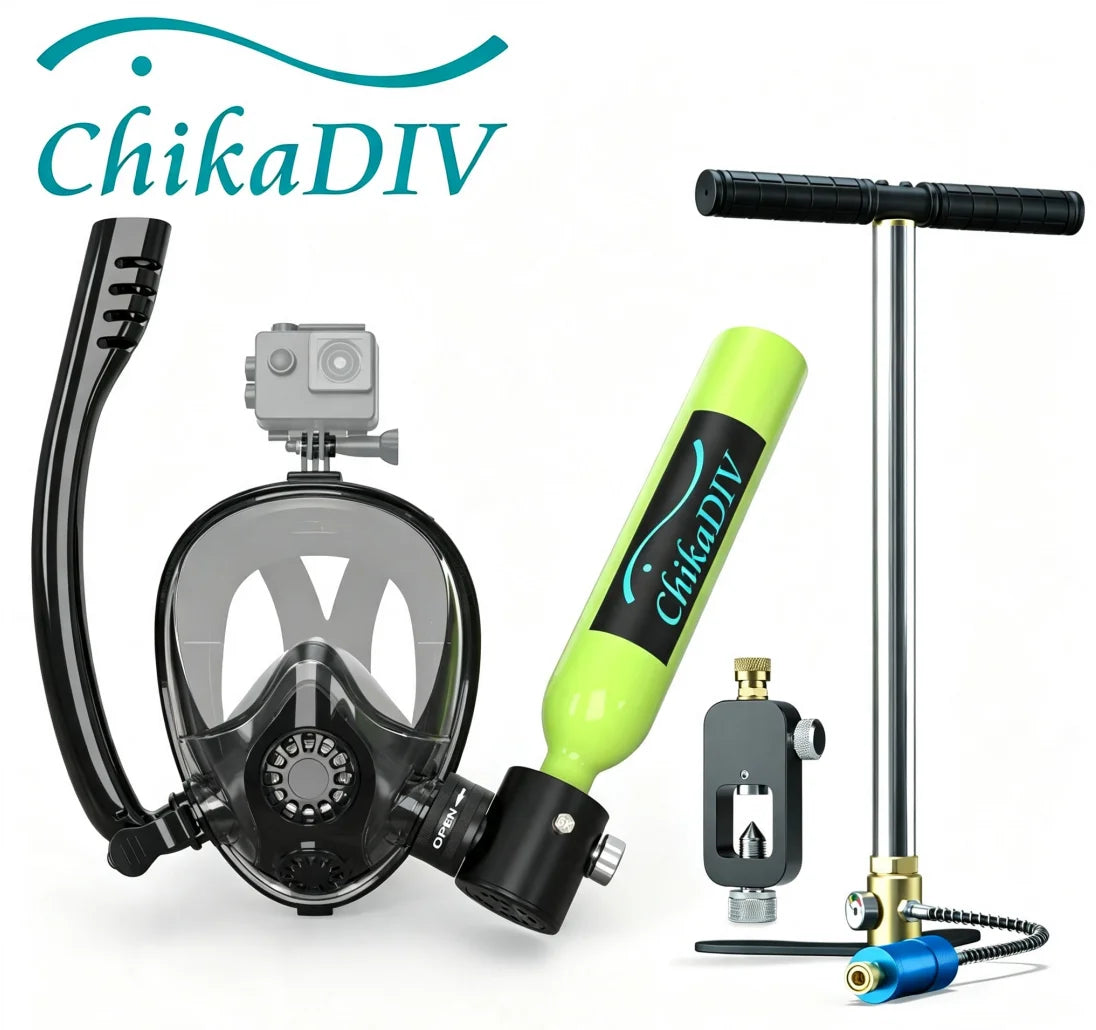 ChikaDIV 0.5L Mini Scuba Tank with Sub-Mask Diving Tank with Full-face Mask Underwater Breath System Lung Tank DOT Certified Pony Bottle for Snorkeling